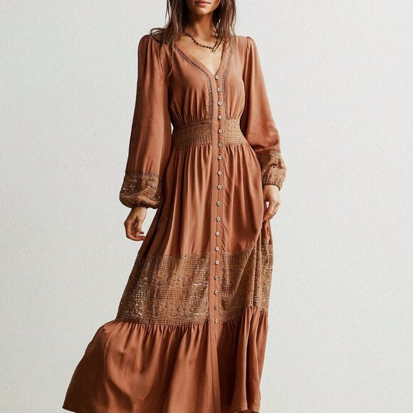Boho Beauty Brown Casual Women's V Neck Lace Trimmed Maxi Dress - Picture 4 of 10